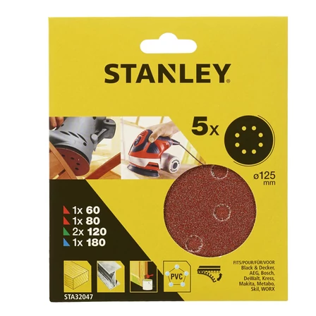 Stanley Körpapír perforált 1x 60, 80, 2x 120, 1x 180g Kör 125mm (STA32047)